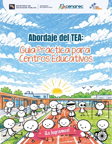 Portada guía TEA CENAREC, con ilustración de monigotes en un centro educativo: estudiantes, docentes, guarda de seguridad